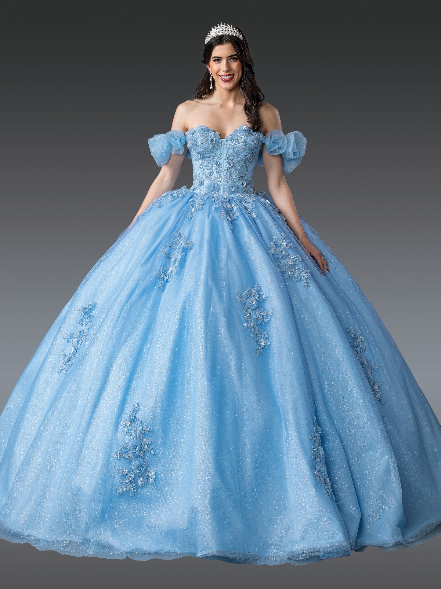 DQ25-1976 OFF-SHOULDER QUINCEANERA DRESS WITH PUFFY SLEEVES AND FLORAL EMBROIDERY