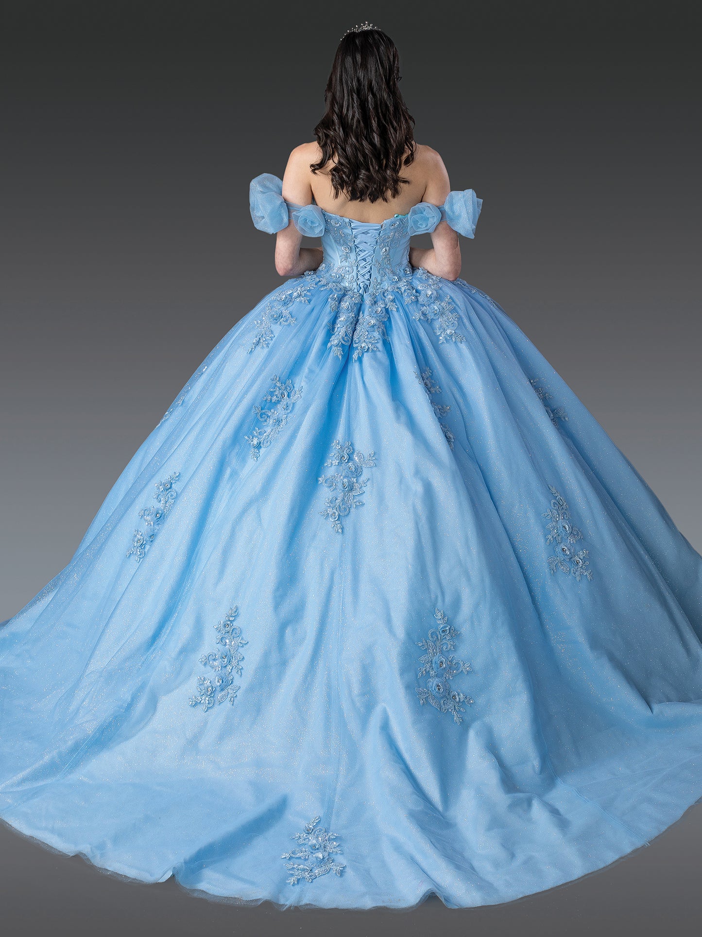 DQ25-1976 OFF-SHOULDER QUINCEANERA DRESS WITH PUFFY SLEEVES AND FLORAL EMBROIDERY