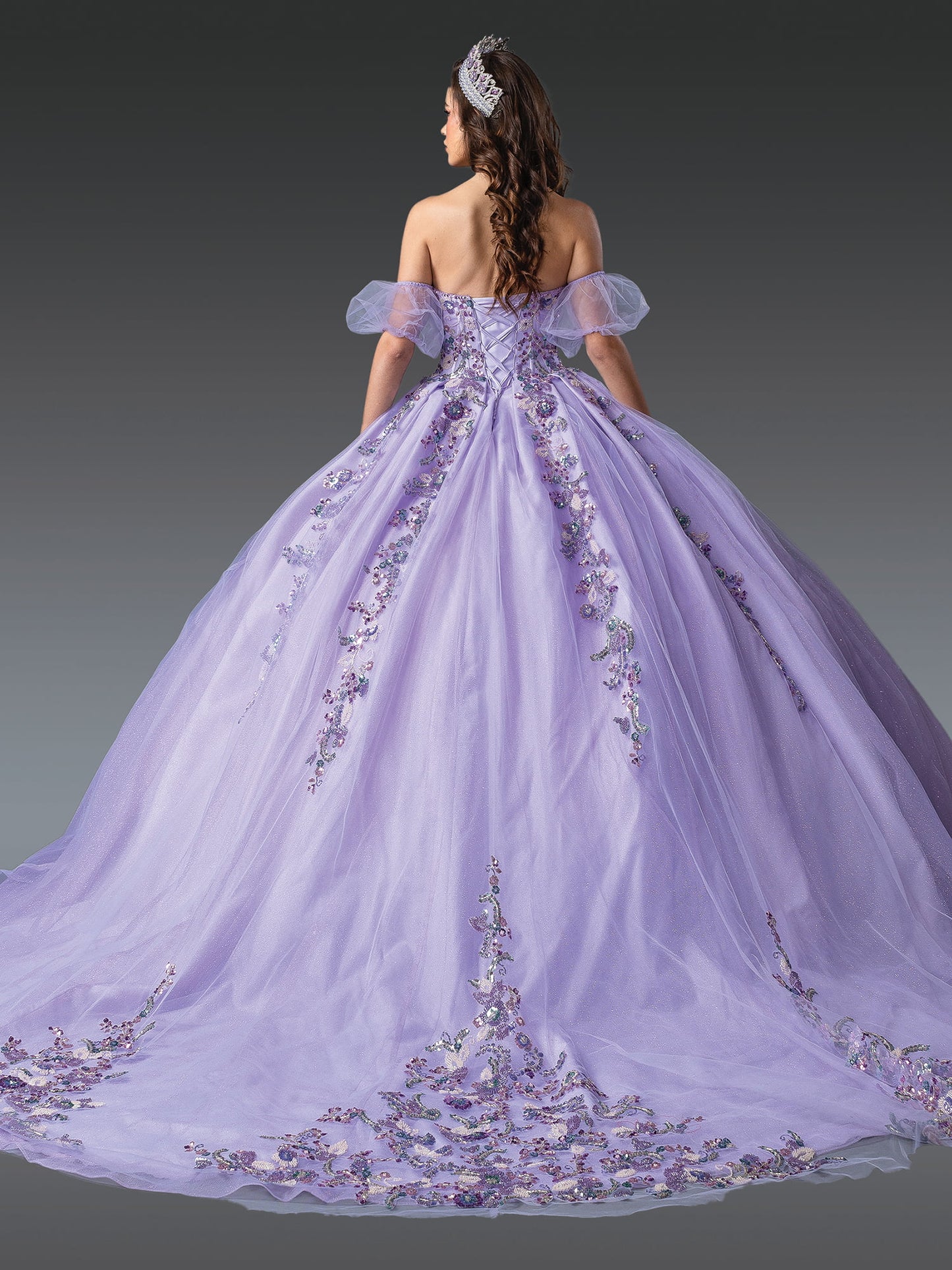 DQ25-1977 OFF-SHOULDER DESIGN, INTRICATE FLORAL APPLIQUES, GLITTER EMBELLISHMENTS