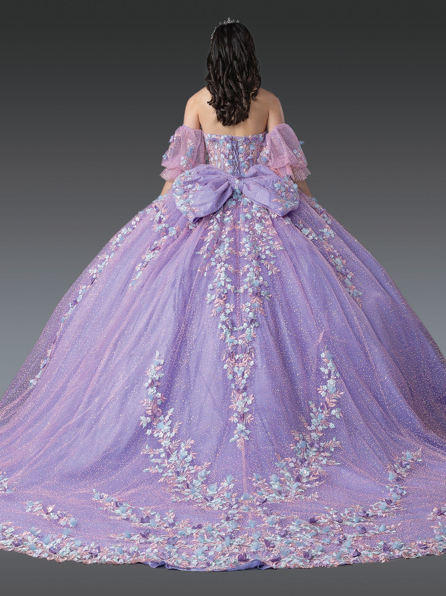 DQ25-1979 OFF-THE-SHOULDER QUINCEANERA DRESS WITH INTRICATE FLORAL EMBROIDERY AND FULL TULLE SKIRT