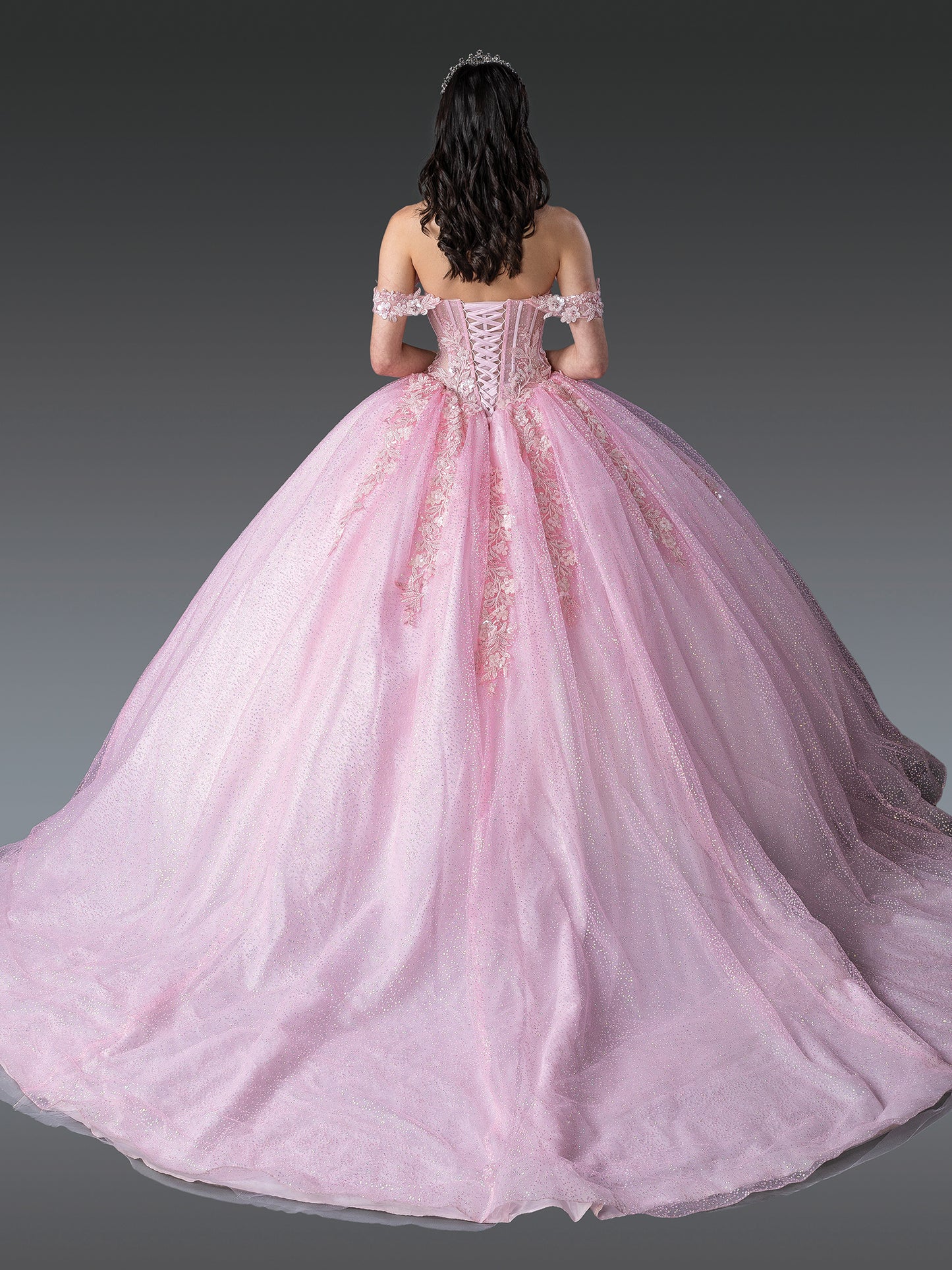 DQ25-1980 OFF-SHOULDER GLITTER QUINCEANERA DRESS WITH FLORAL EMBELLISHMENTS