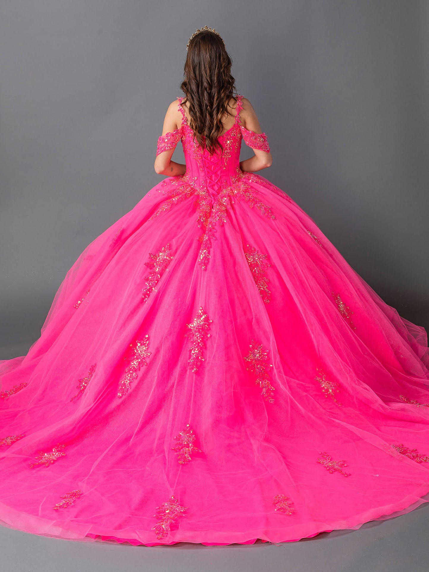 DQ25-1983 QUINCEANERA DRESS WITH EMBELLISHED BODICE AND GLITTERING APPLIQUES