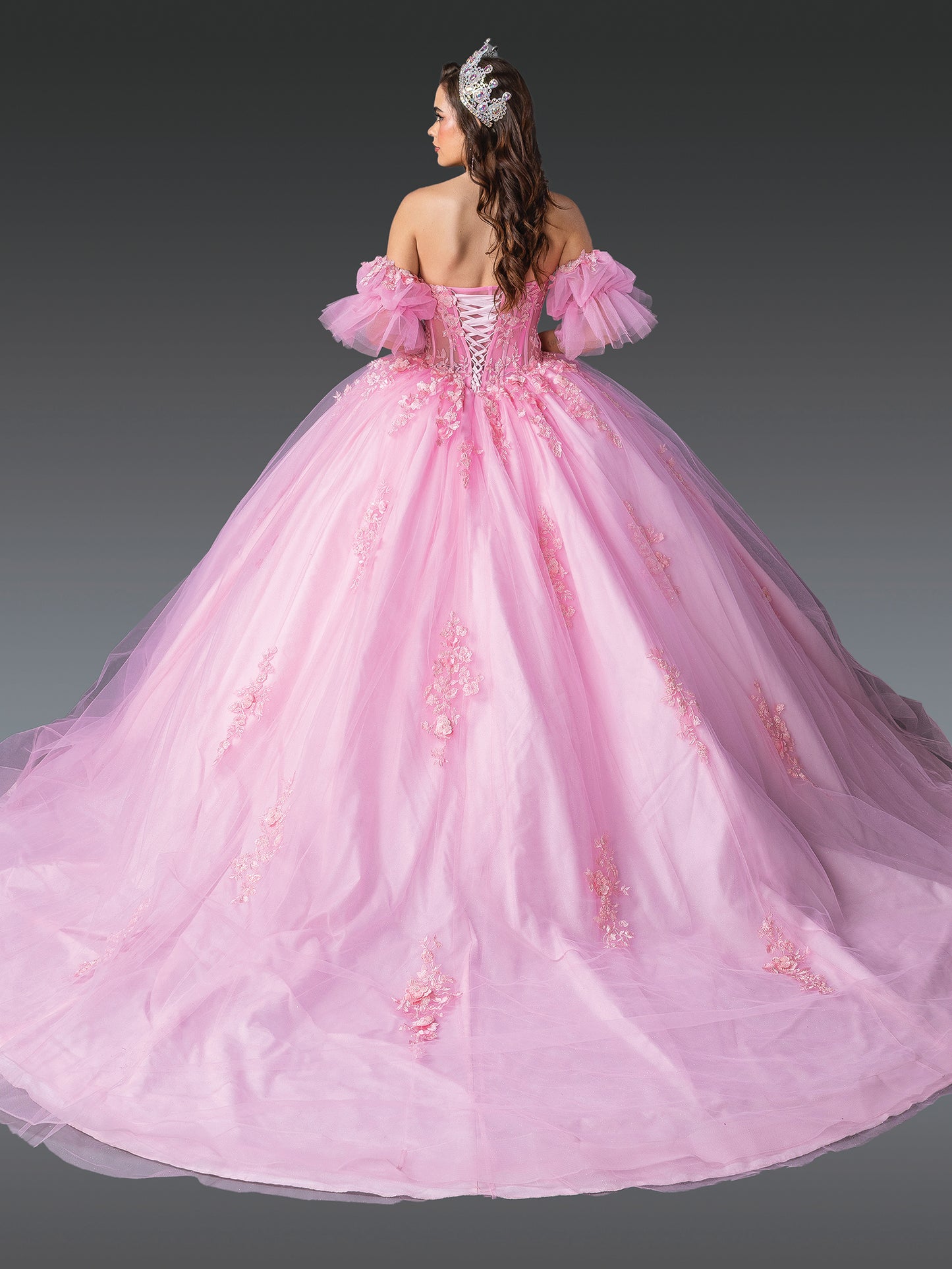 DQ25-1988 STRAPLESS CORSET BALL GOWN WITH PUFF SLEEVES AND FLORAL APPLIQUES