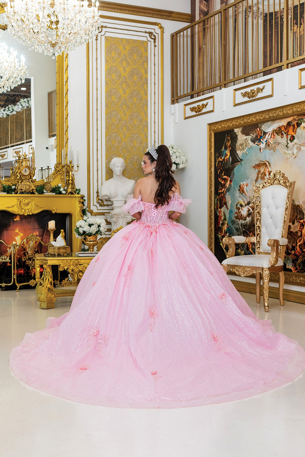 DQ25-1990 ELEGANT OFF-THE-SHOULDER QUINCEANERA GOWN WITH BEADED BODICE