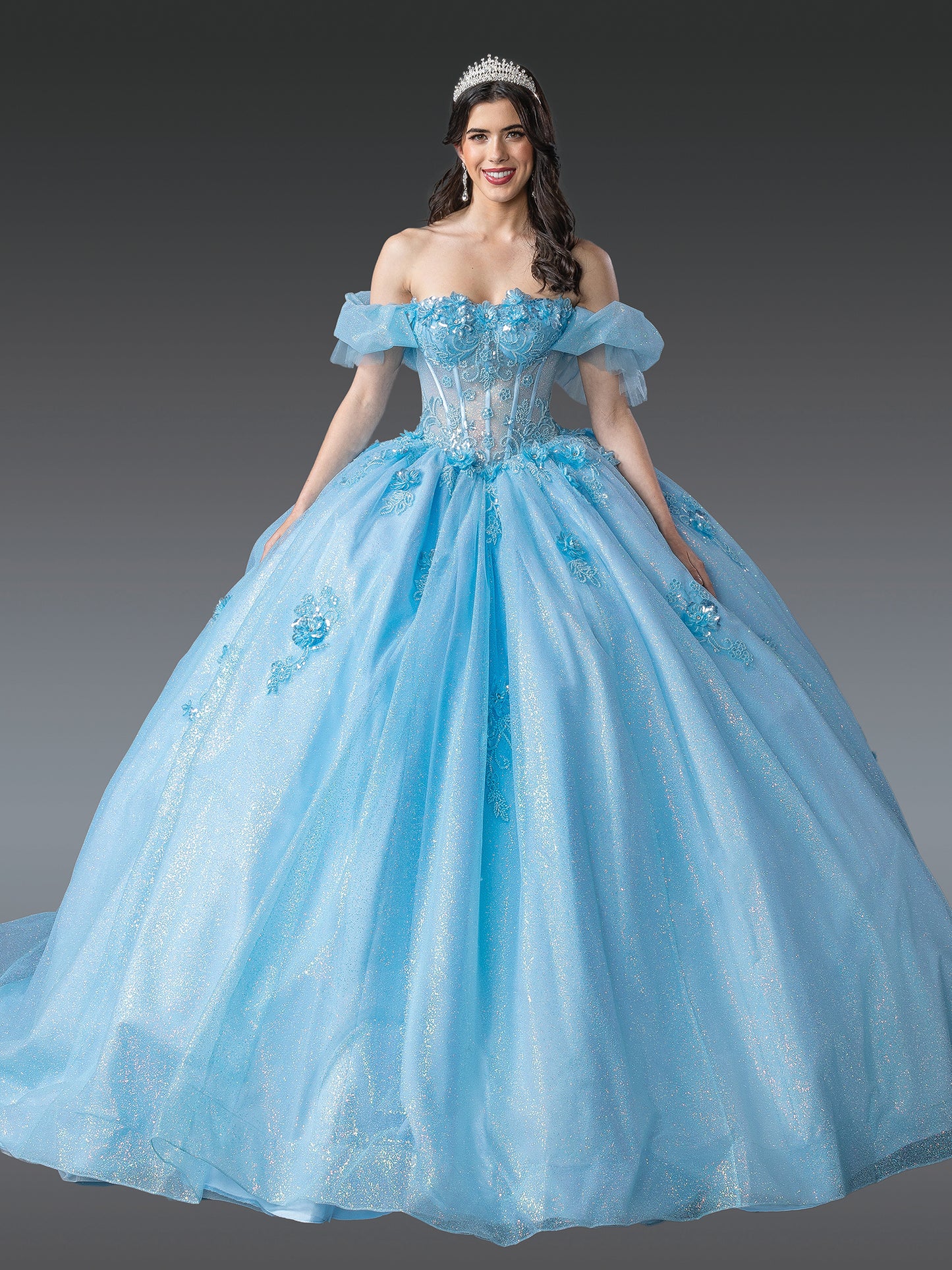 DQ25-1990 ELEGANT OFF-THE-SHOULDER QUINCEANERA GOWN WITH BEADED BODICE