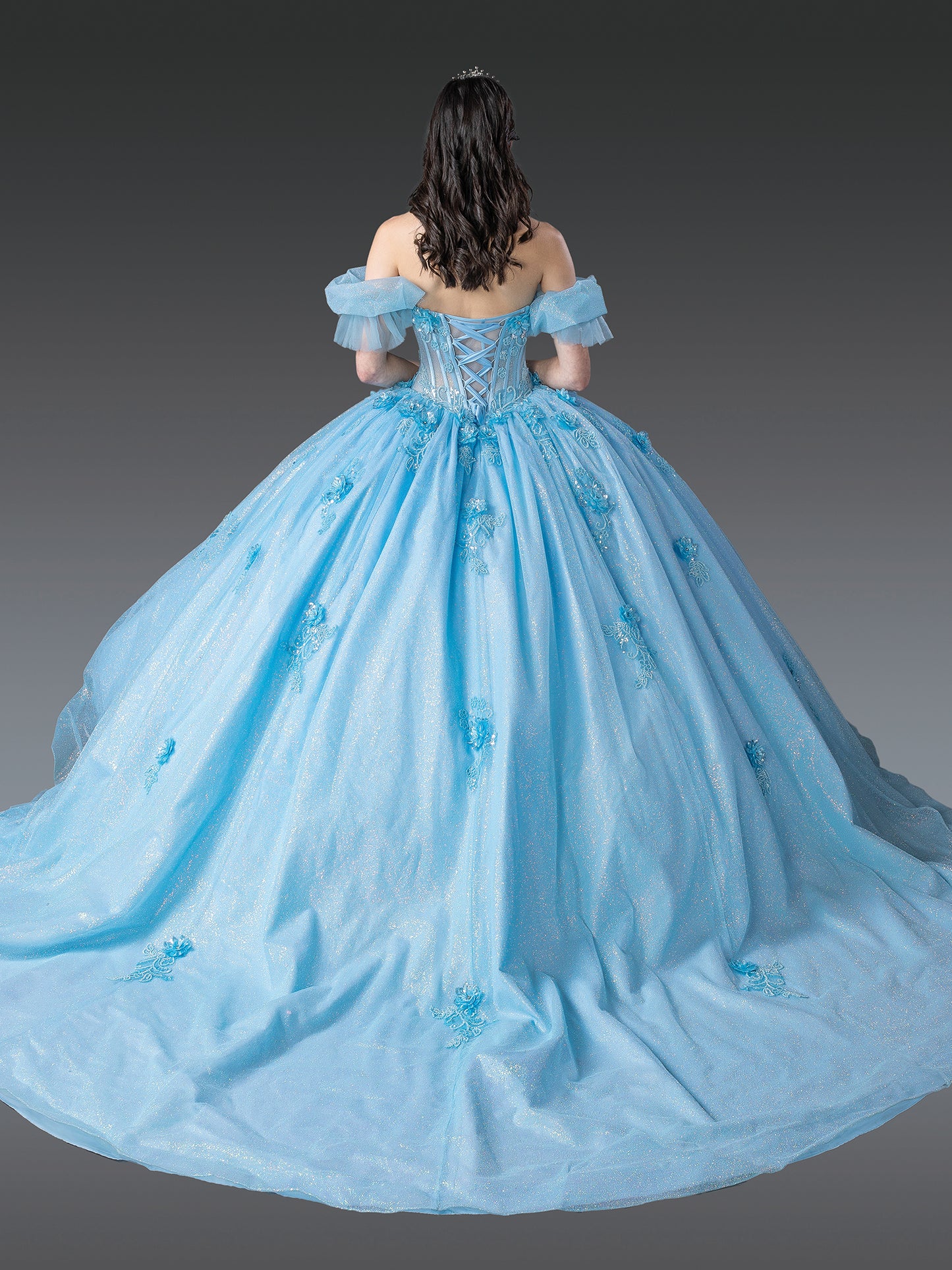 DQ25-1990 ELEGANT OFF-THE-SHOULDER QUINCEANERA GOWN WITH BEADED BODICE