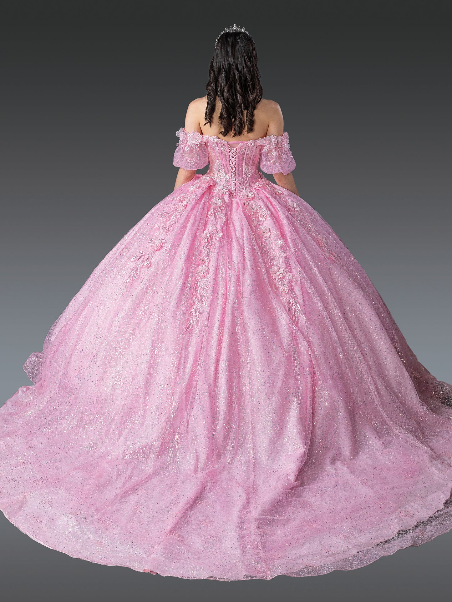 DQ25-1991 OFF-SHOULDER QUINCEANERA GOWN WITH FLORAL APPLIQUES