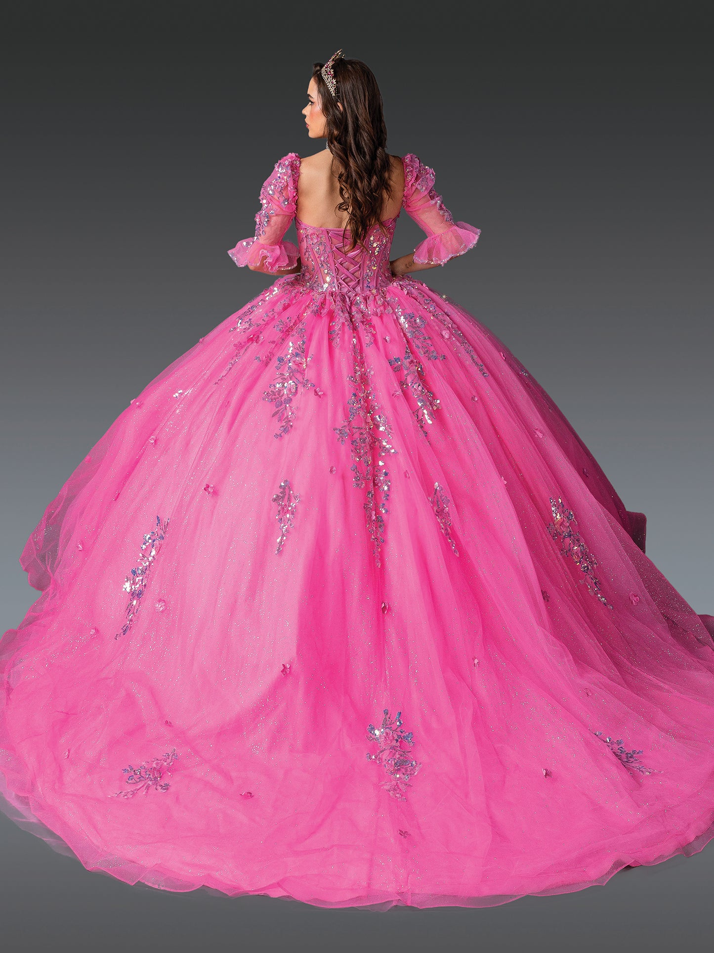 DQ25-1995 LAYERED RUFFLES, EMBROIDERED FLORAL ACCENTS, AND STRAPLESS BODICE
