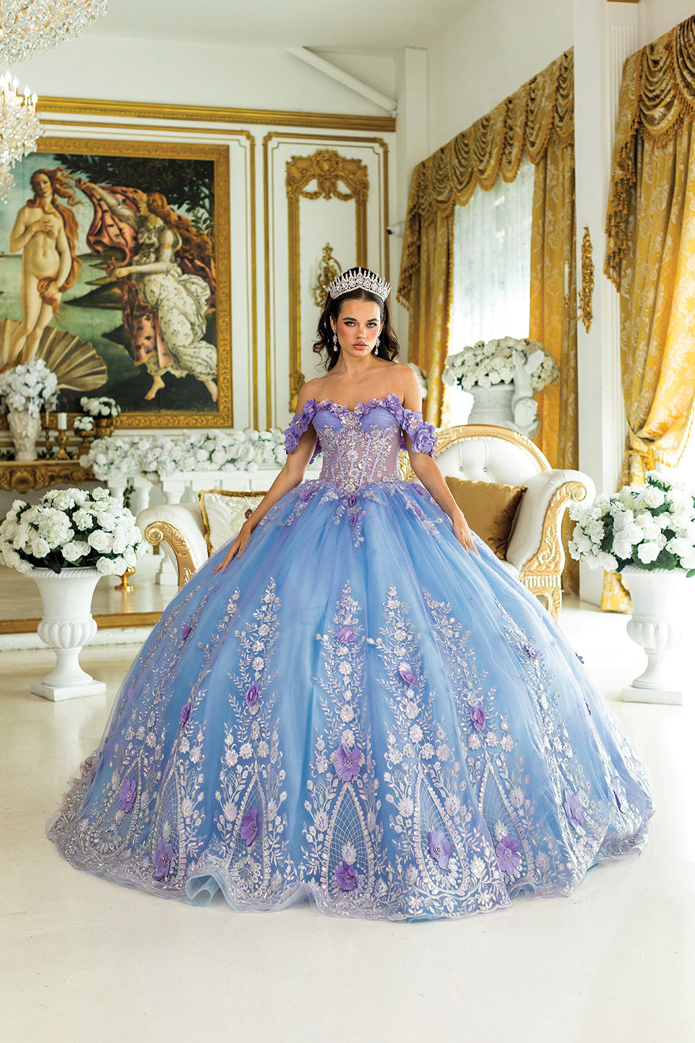 DQ25-1999 OFF-SHOULDER FLORAL APPLIQUE SLEEVES, INTRICATE EMBROIDERED CORSET BODICE