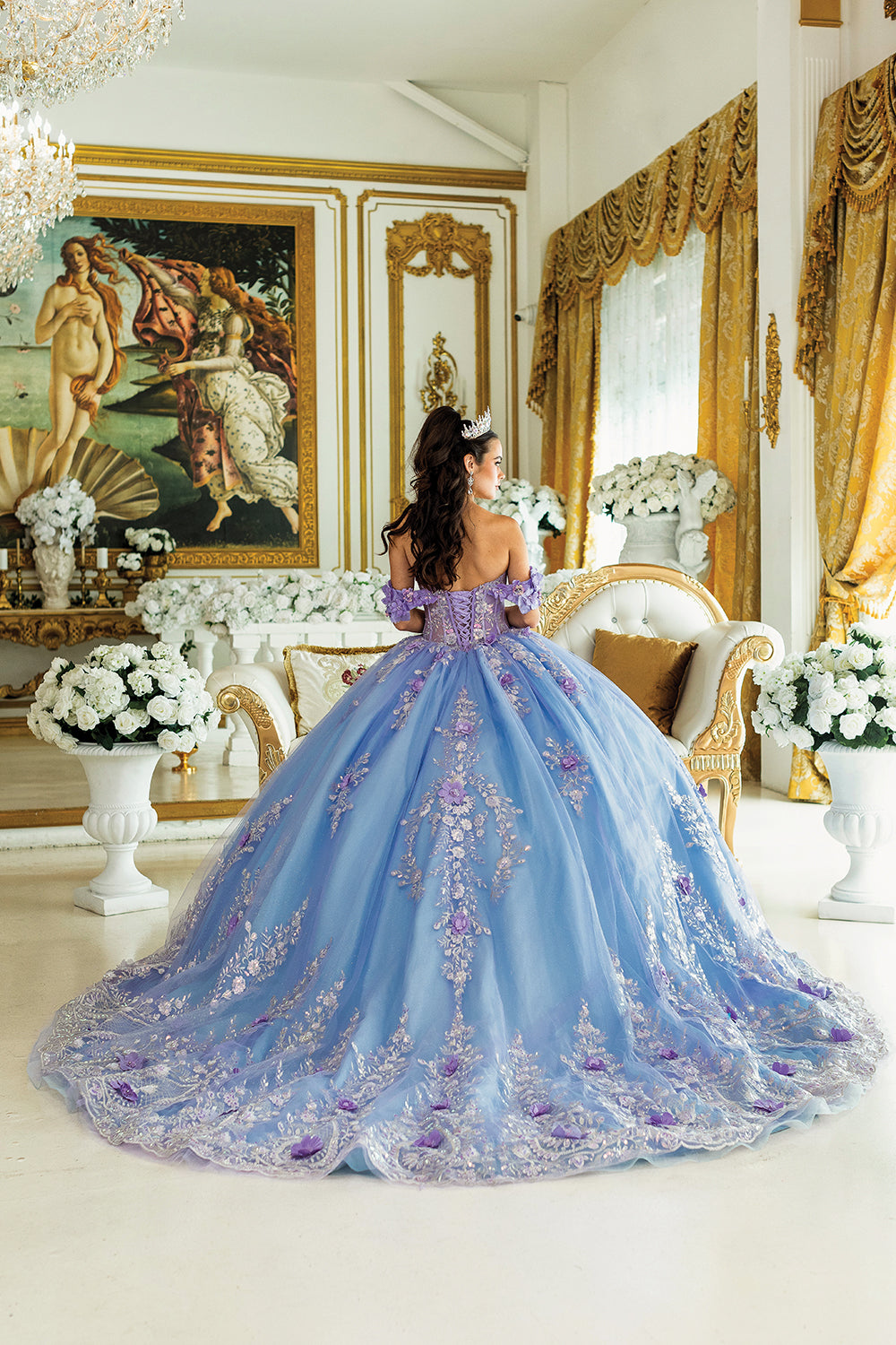 DQ25-1999 OFF-SHOULDER FLORAL APPLIQUE SLEEVES, INTRICATE EMBROIDERED CORSET BODICE