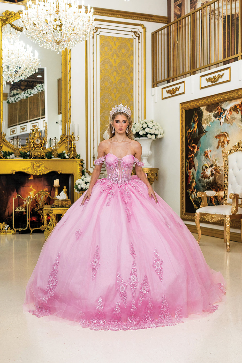 DQ25-5000 OFF-SHOULDER FLORAL APPLIQUE SLEEVES, SHEER CORSET BODICE