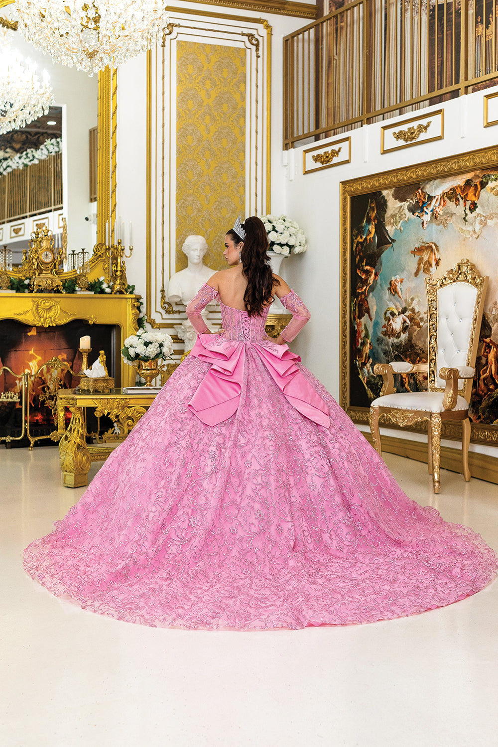 DQ25-5004 QUINCEANERA DRESS WITH SWEETHEART NECKLINE, EMBROIDERED LACE OVERLAY, SHEER LONG SLEEVES