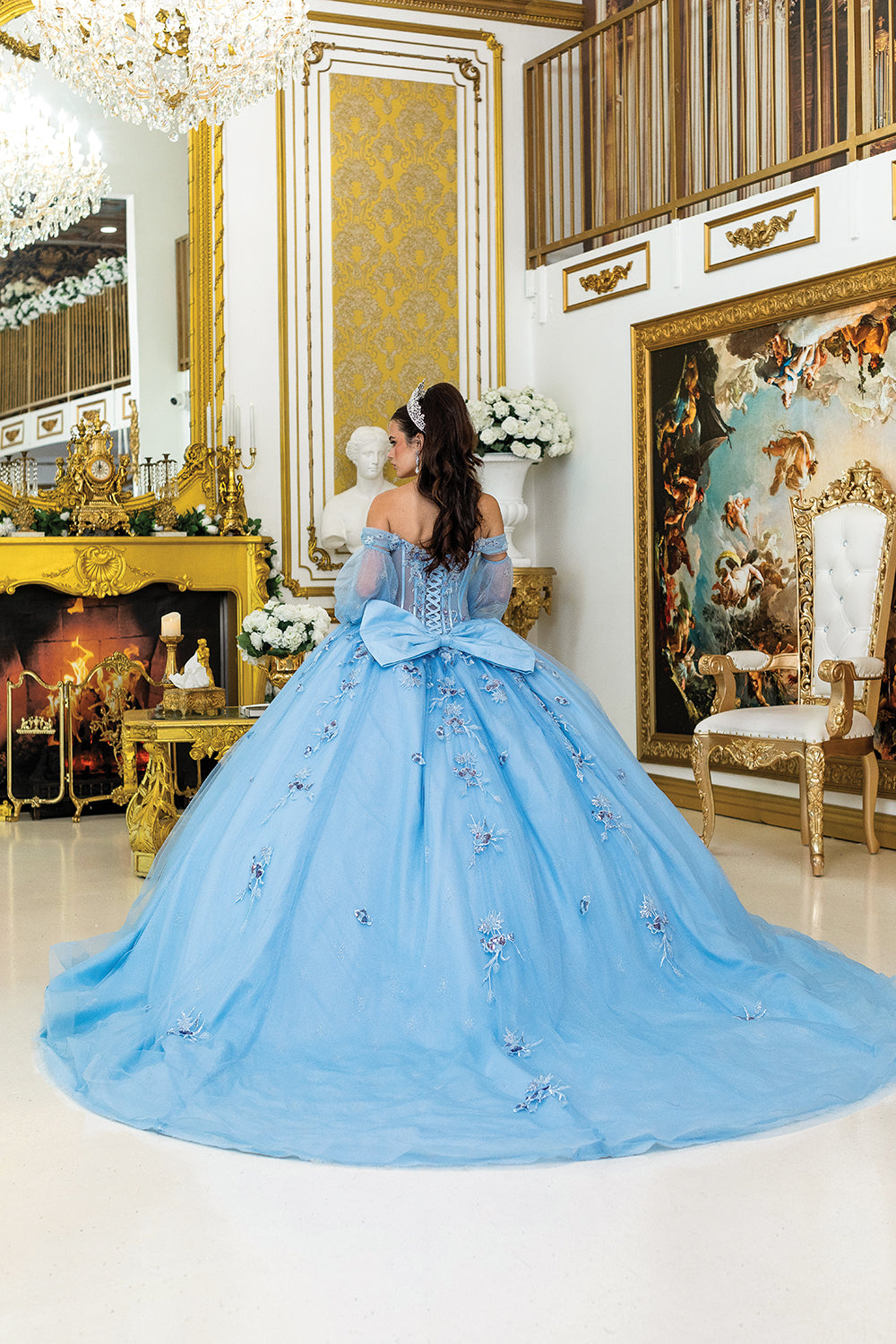 DQ25-5005 QUINCEANERA DRESS WITH SHEER OFF-THE-SHOULDER SLEEVES
