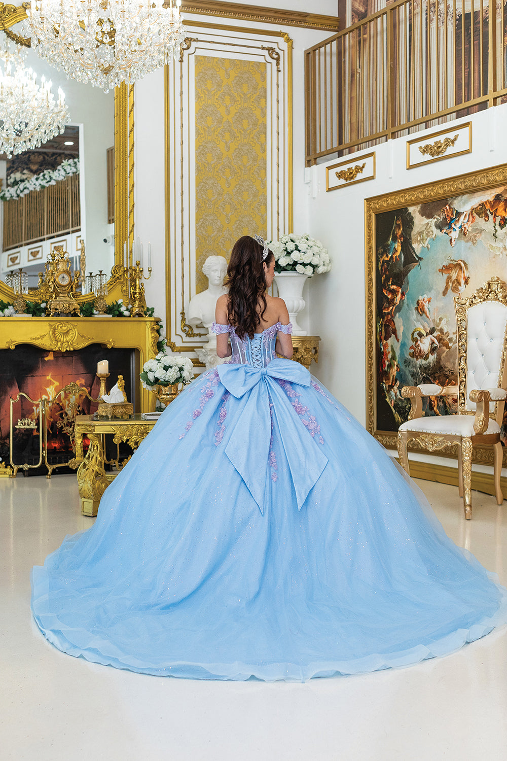 DQ25-5016 QUINCEANERA DRESS WITH CORSET BODICE, OFF-SHOULDER FLORAL DETAILS