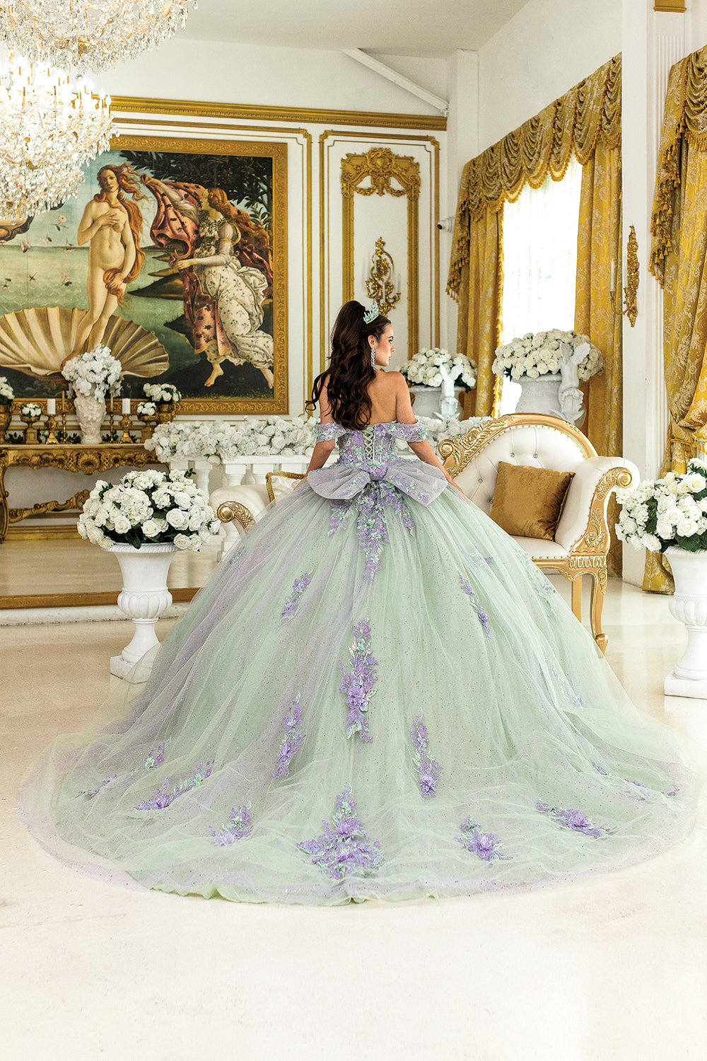 DQ25-5023 QUINCEANERA DRESS WITH OFF-SHOULDER FLORAL APPLIQUES