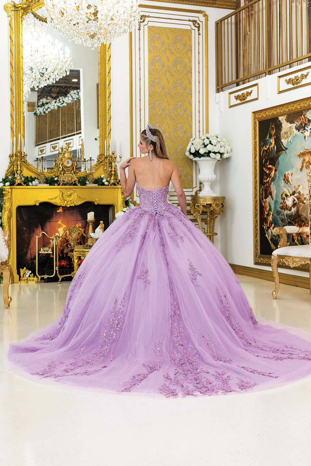 DQ25-5026 QUINCEANERA DRESS WITH STRAPLESS BODICE, GLITTER TULLE, AND FLORAL EMBROIDERED TRAIN