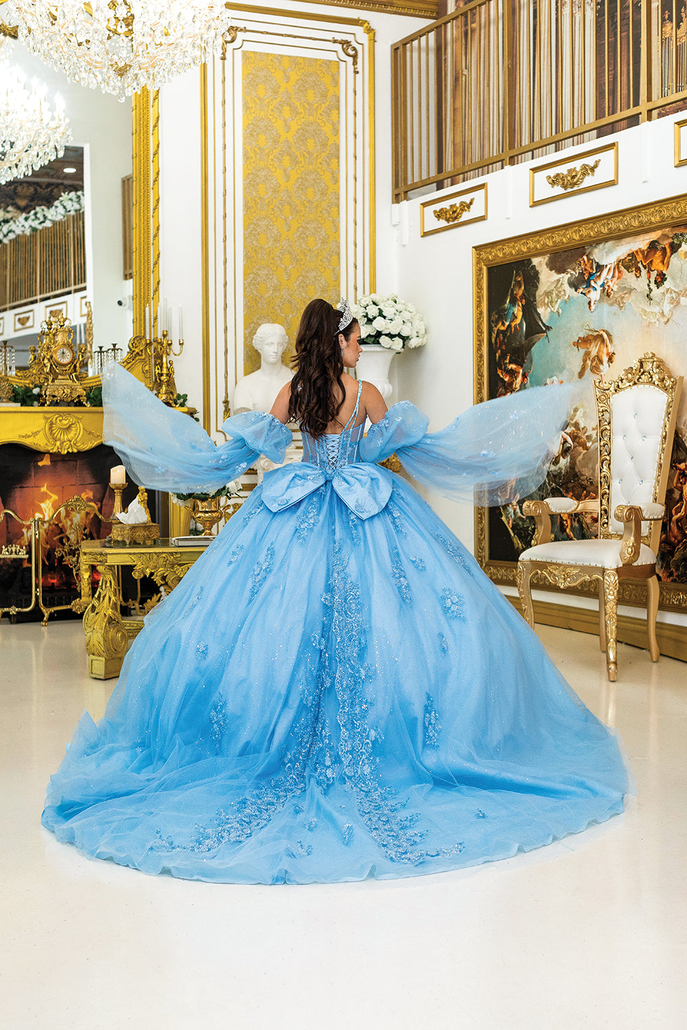 DQ25-5037 QUINCEANERA DRESS WITH SWEETHEART NECKLINE, SHEER PUFF SLEEVES