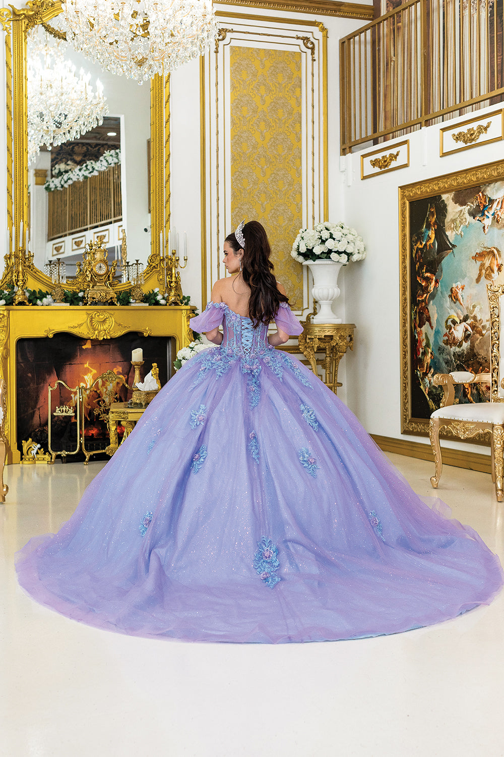 DQ25-5039 QUINCEANERA DRESS WITH CORSET BODICE, OFF-SHOULDER PUFF SLEEVES
