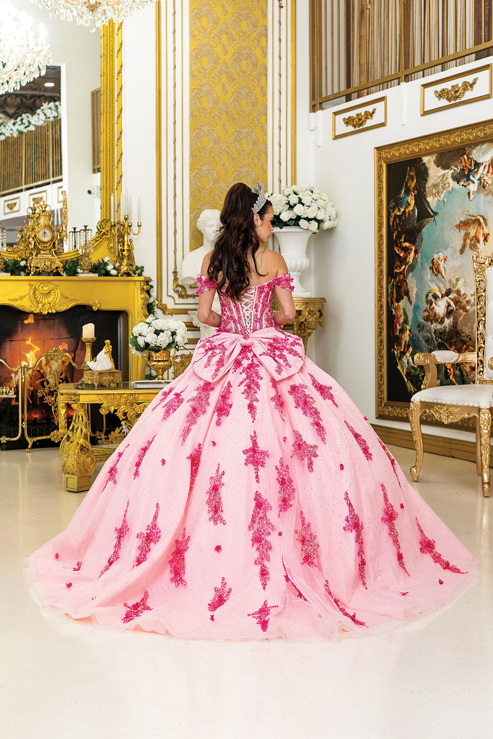 DQ25-5042 QUINCEANERA DRESS WITH CORSET BODICE, OFF-SHOULDER DESIGN, GLITTER TULLE SKIRT, AND INTRICATE 3D APPLIQUES