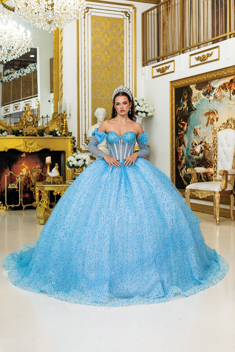 DQ25-5044 QUINCEANERA DRESS WITH CORSET BODICE, GLITTER ACCENTS, FULL TULLE SKIRT, AND DETACHABLE SLEEVES