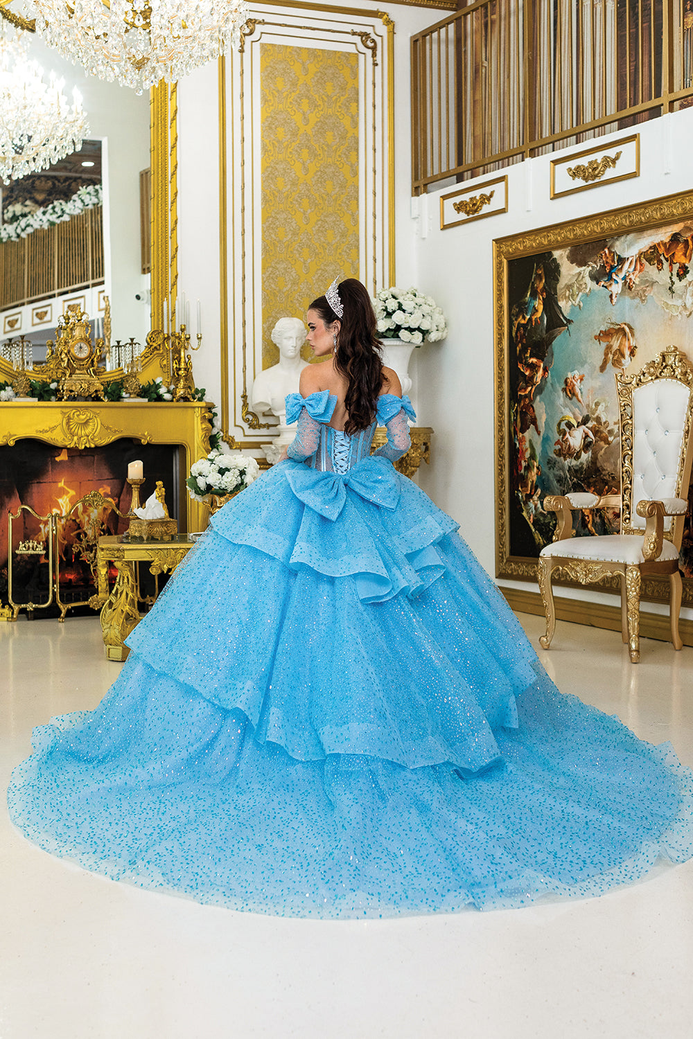 DQ25-5044 QUINCEANERA DRESS WITH CORSET BODICE, GLITTER ACCENTS, FULL TULLE SKIRT, AND DETACHABLE SLEEVES