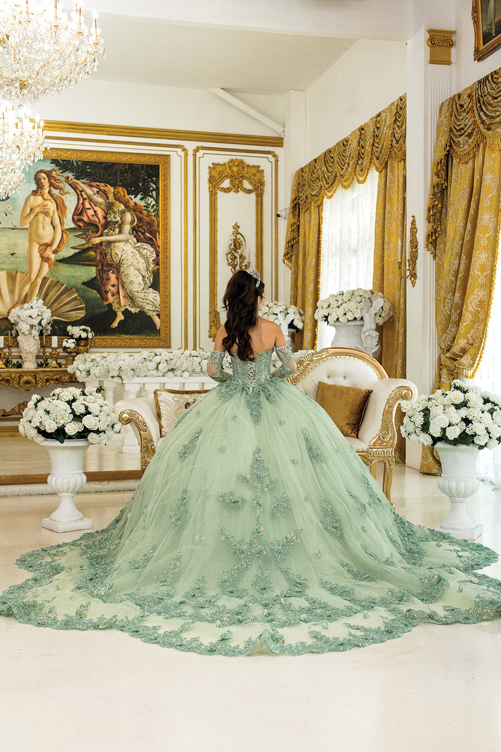 DQ25-5047 QUINCEANERA DRESS WITH EMBROIDERED LACE APPLIQUES