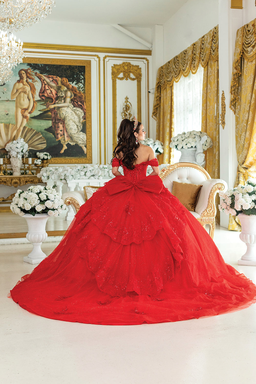 DQ25-5053 DRESS WITH OFF-SHOULDER SLEEVES, CORSET BODICE, BEADED EMBELLISHMENTS, GLITTER TULLE BALL GOWN SKIRT, AND FLORAL APPLIQUE ACCENTS