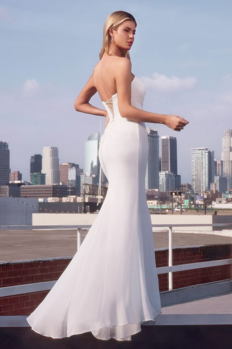CD25-7434W STRAPLESS CHIFFON FITTED OFF-WHITE DRESS