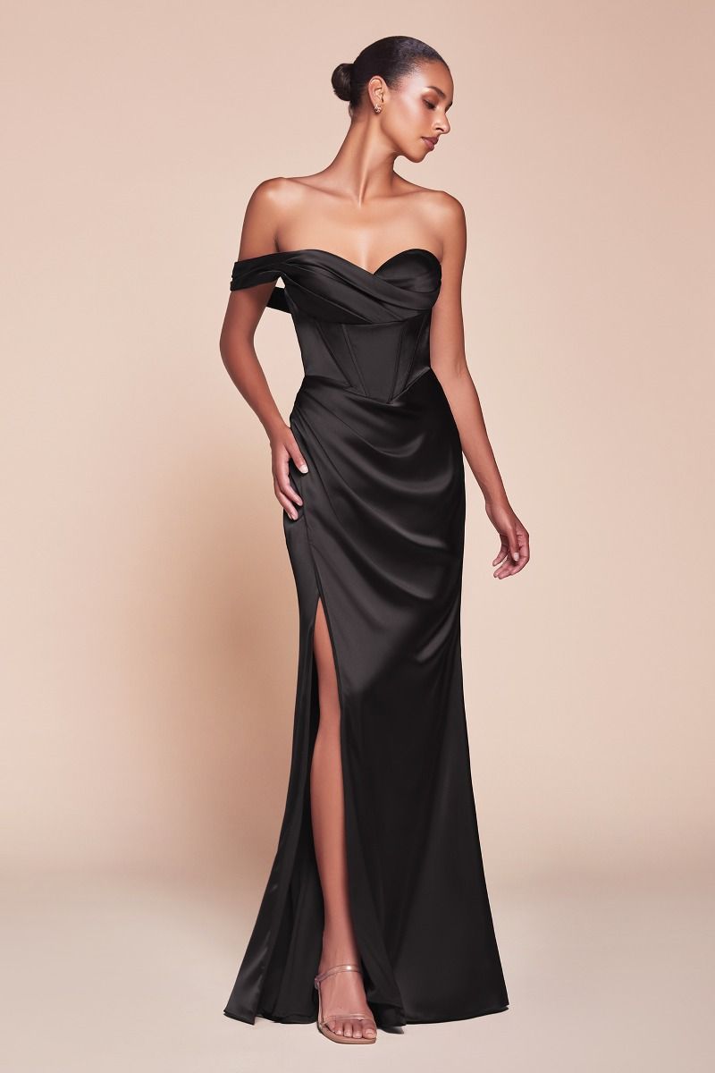 CD25-7448 ONE SHOULDER SATIN CORSET GOWN