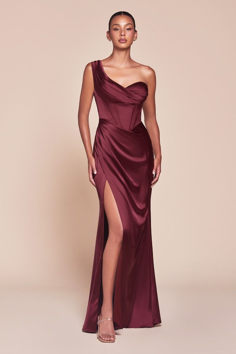 CD25-7448 ONE SHOULDER SATIN CORSET GOWN