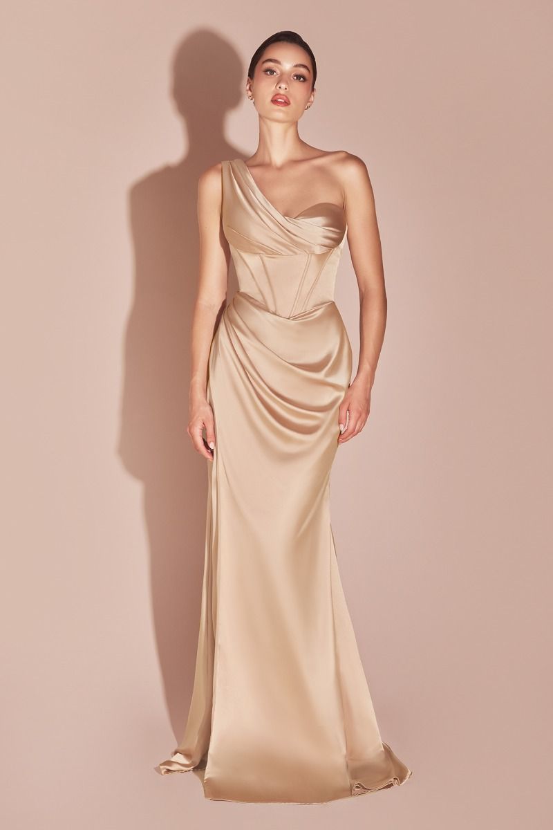 CD25-7448 ONE SHOULDER SATIN CORSET GOWN