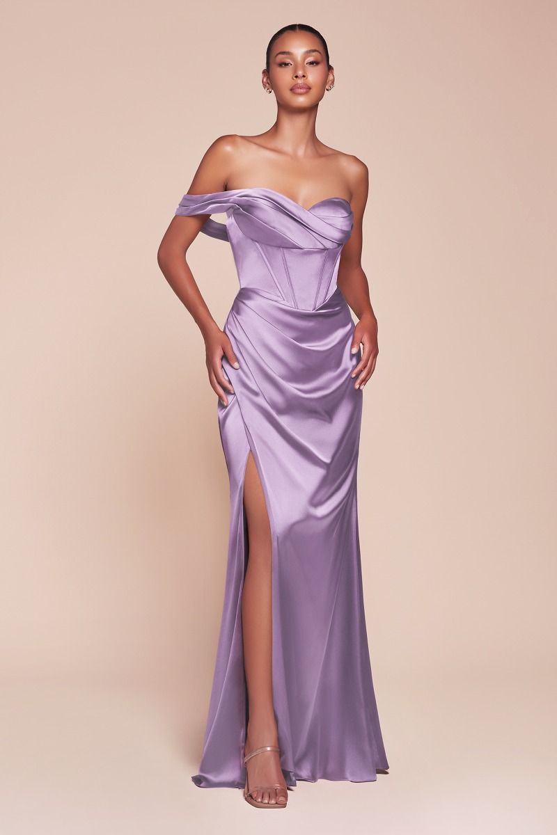 CD25-7448 ONE SHOULDER SATIN CORSET GOWN