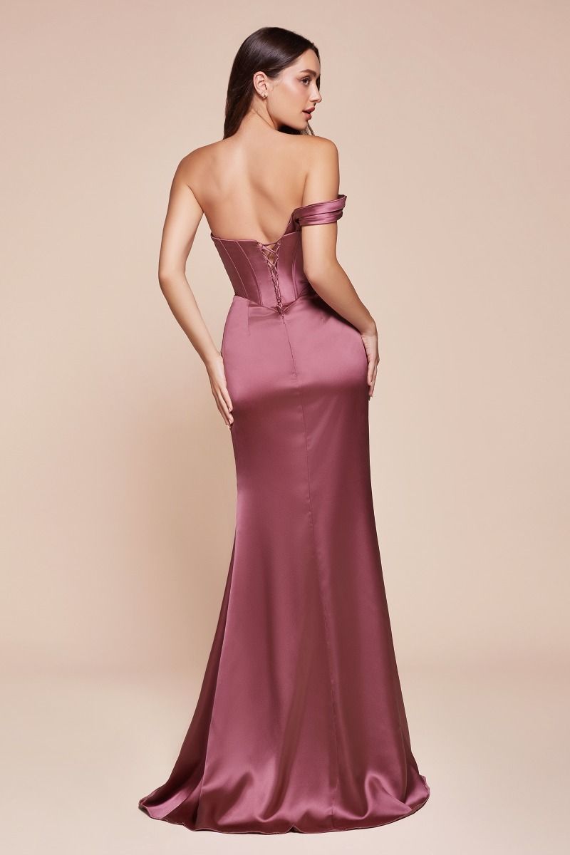 CD25-7448 ONE SHOULDER SATIN CORSET GOWN