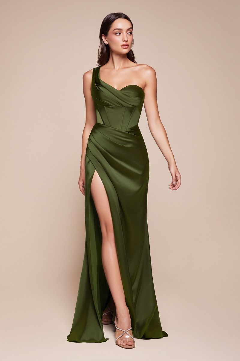 CD25-7448 ONE SHOULDER SATIN CORSET GOWN
