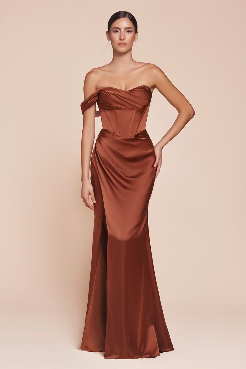 CD25-7448 ONE SHOULDER SATIN CORSET GOWN