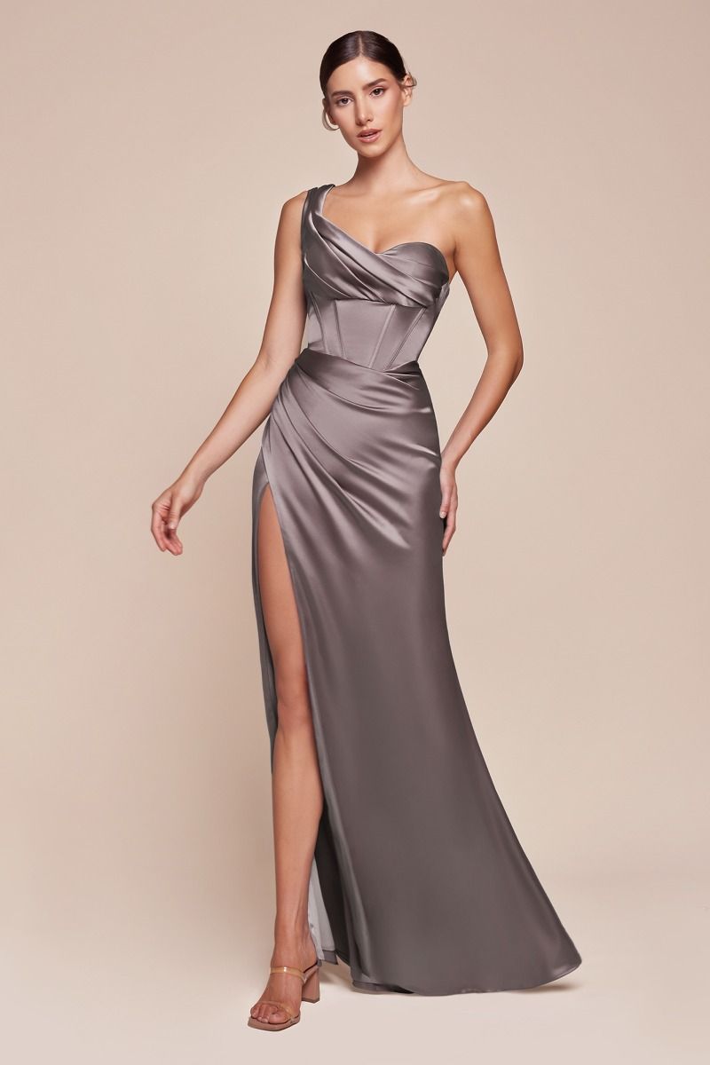 CD25-7448 ONE SHOULDER SATIN CORSET GOWN