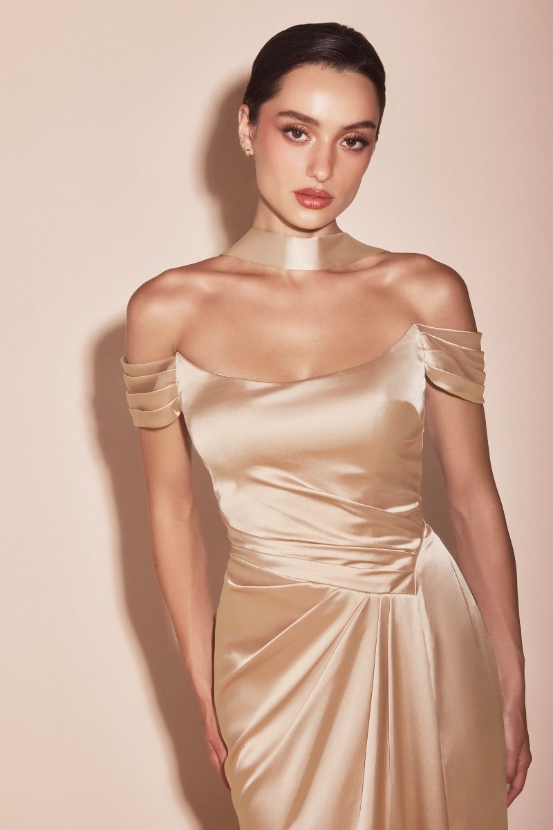 CD25-7452 OFF THE SHOULDER LACE UP CORSET SATIN GOWN
