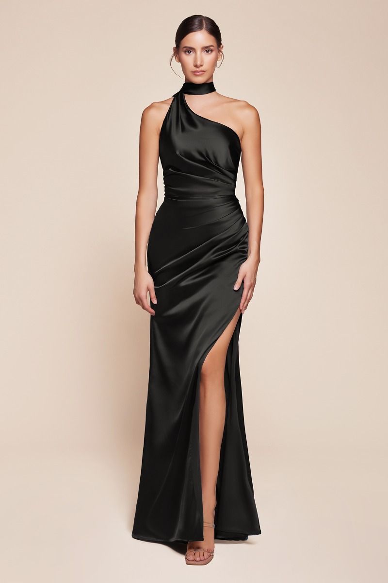CD25-7454 ONE SHOULDER LUXE SATIN FITTED GOWN