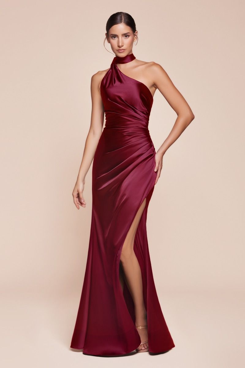 CD25-7454 ONE SHOULDER LUXE SATIN FITTED GOWN