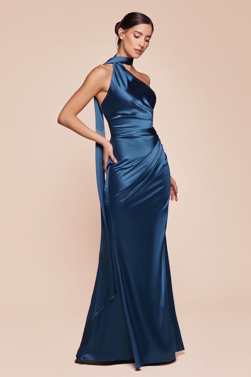 CD25-7454 ONE SHOULDER LUXE SATIN FITTED GOWN