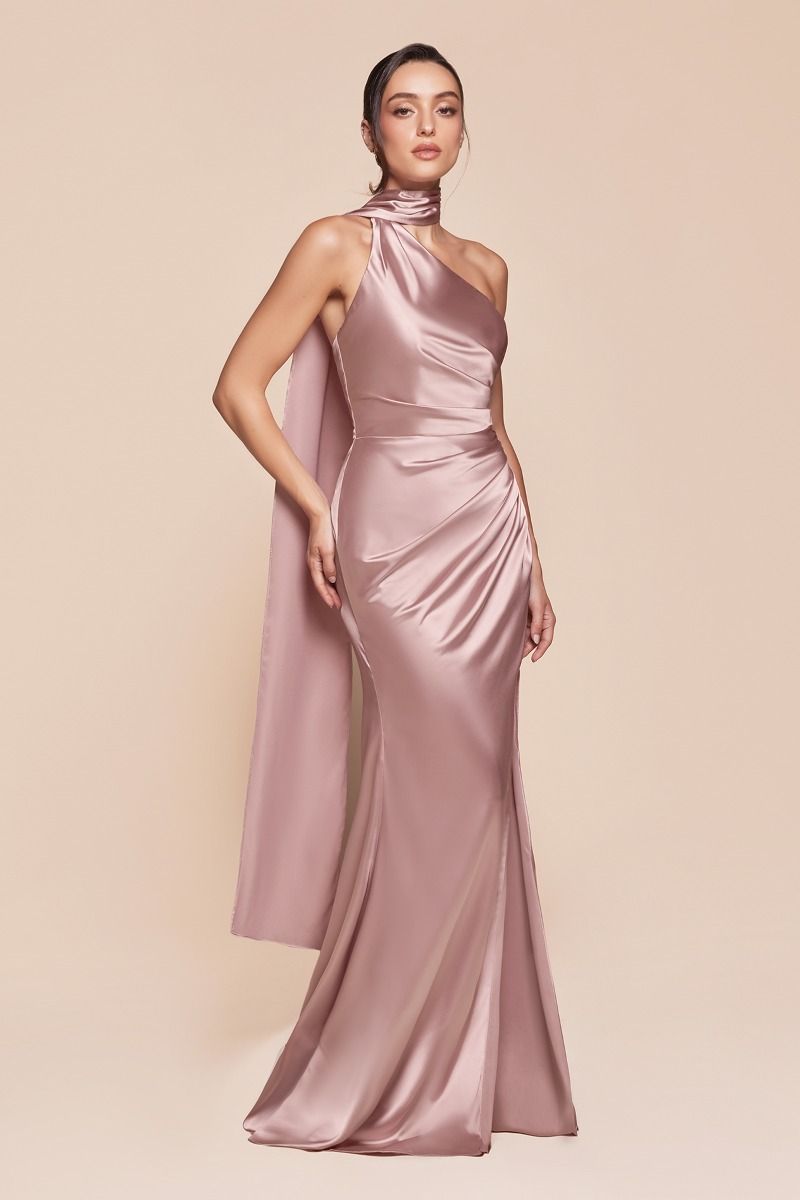 CD25-7454 ONE SHOULDER LUXE SATIN FITTED GOWN