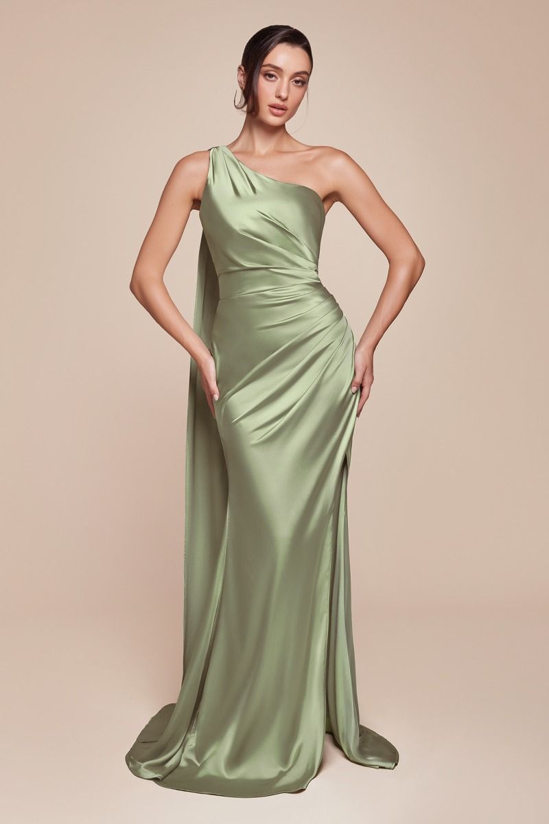 CD25-7454 ONE SHOULDER LUXE SATIN FITTED GOWN
