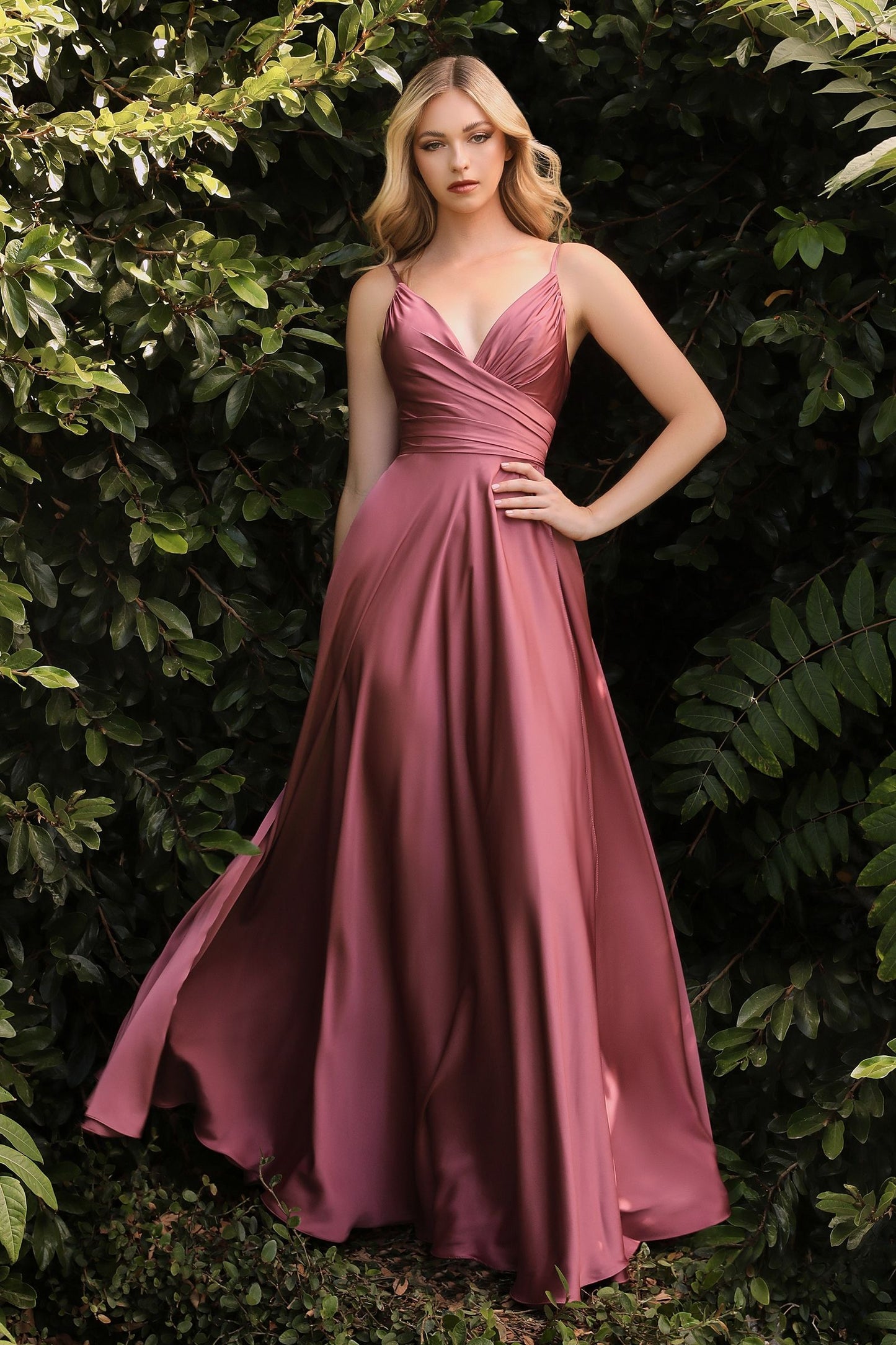 CIND-7485 SOFT SATIN A-LINE SWEATHEART NECKLINE WITH SLIT