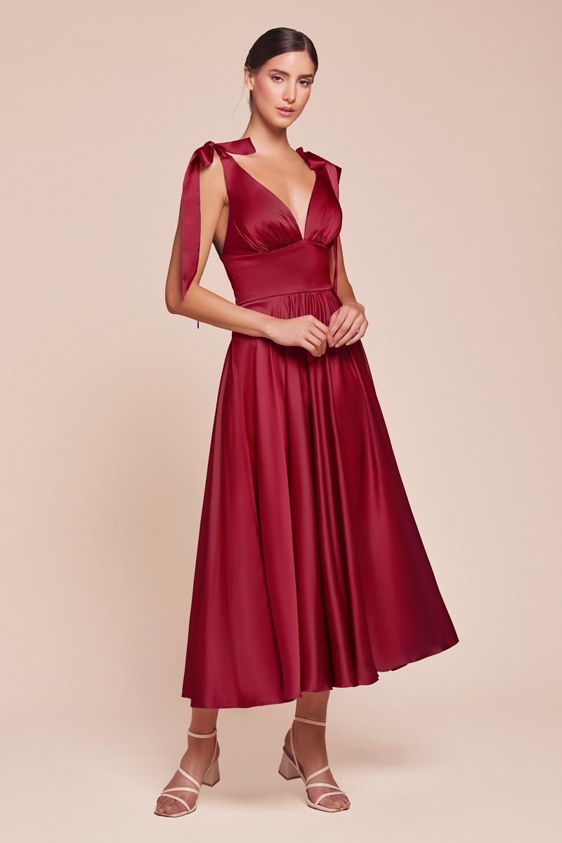 CD25-7499 TEA LENGTH SATIN A-LINE DRESS