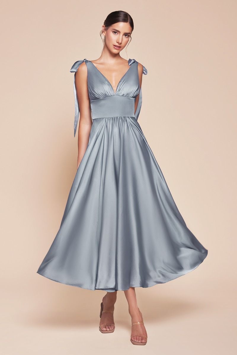 CD25-7499 TEA LENGTH SATIN A-LINE DRESS