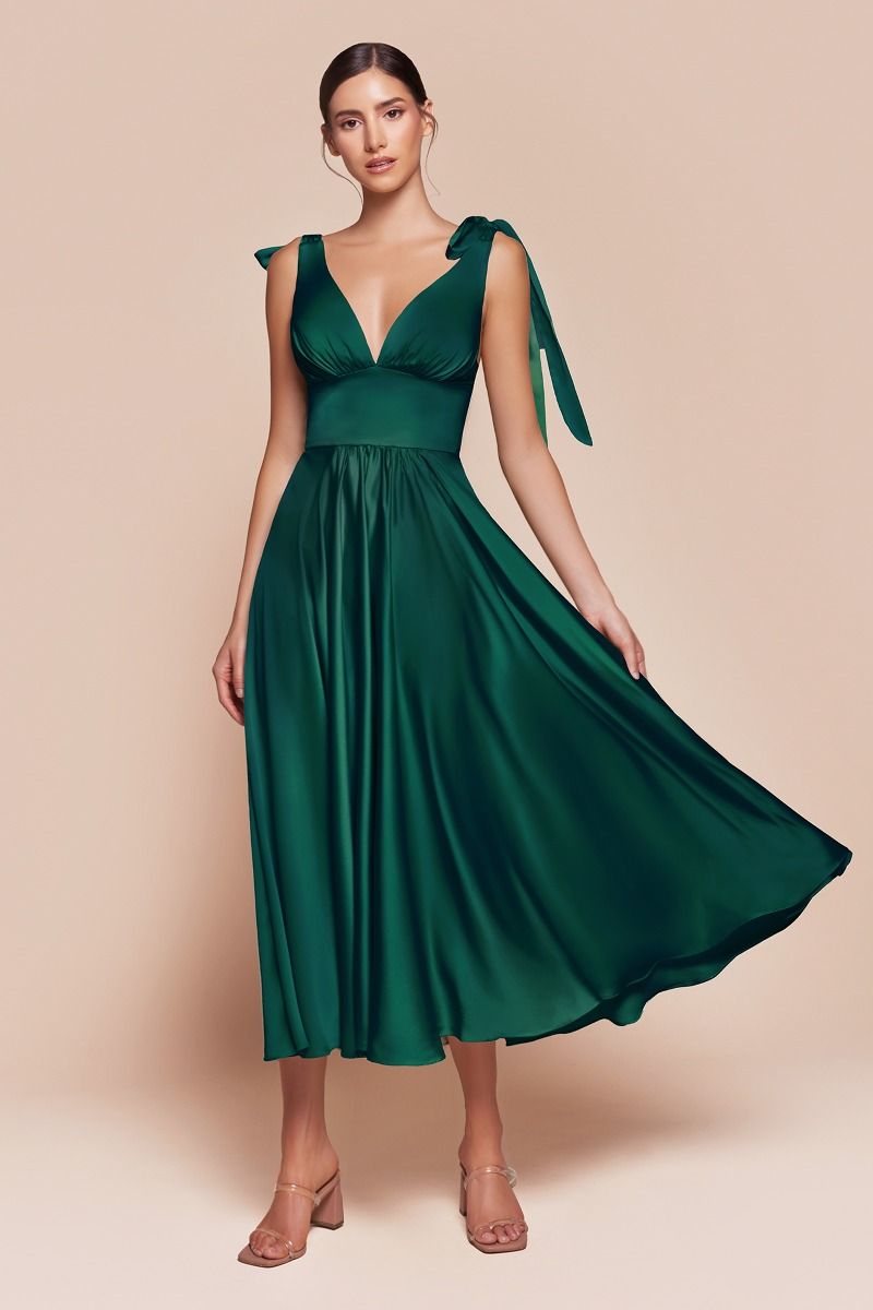 CD25-7499 TEA LENGTH SATIN A-LINE DRESS