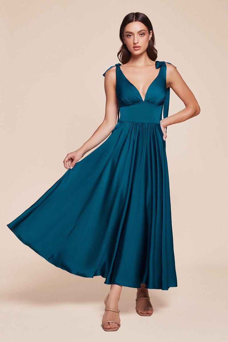 CD25-7499 TEA LENGTH SATIN A-LINE DRESS