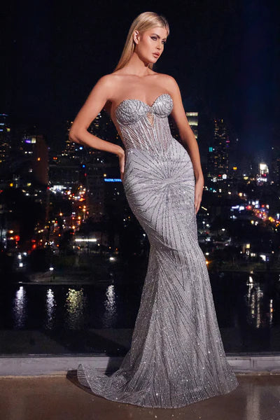 CD24-J871 STRAPLESS SILVER EMBELLISHED GOWN