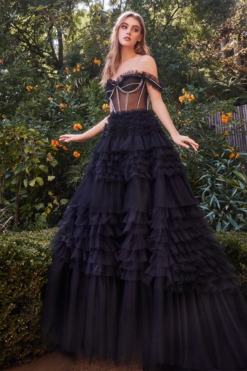 CD24-A1150 RHINESTONE CORSET RUFFLE GOWN – THE DRESS SHOP