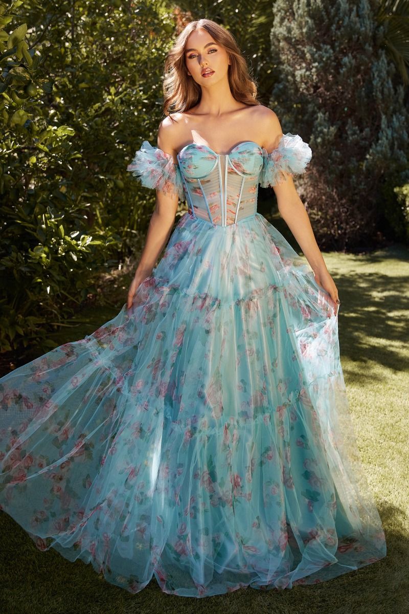 CD25-A1285 BLUE FLORAL PRINTED BALL GOWN CD25-A1285 BLUE FLORAL PRINTED BALL GOWN